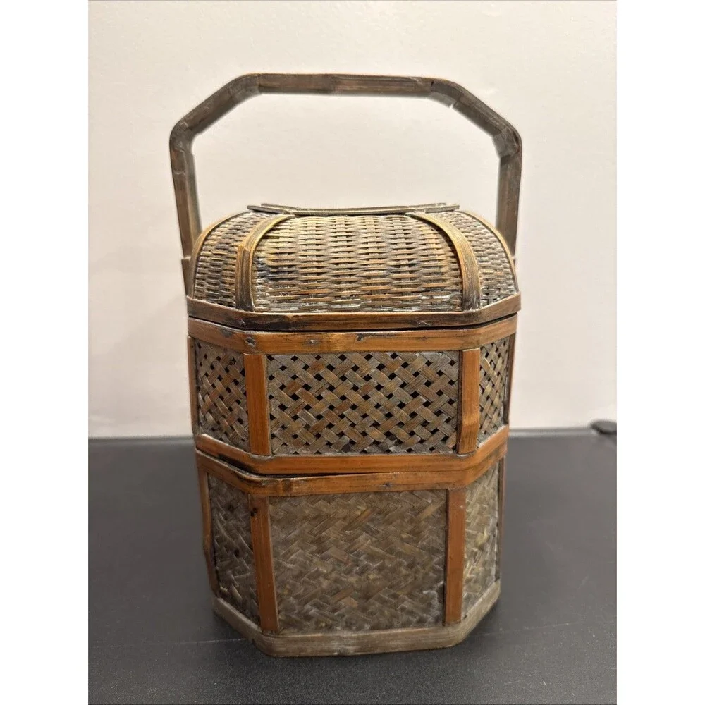 Antique Or Vintage Woven Bamboo Laquer 3-Tier Chinese Wedding Basket Fish Carved